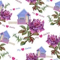 Seamless pattern of garden house, Abracadabra roses and text. My favorite dacha.